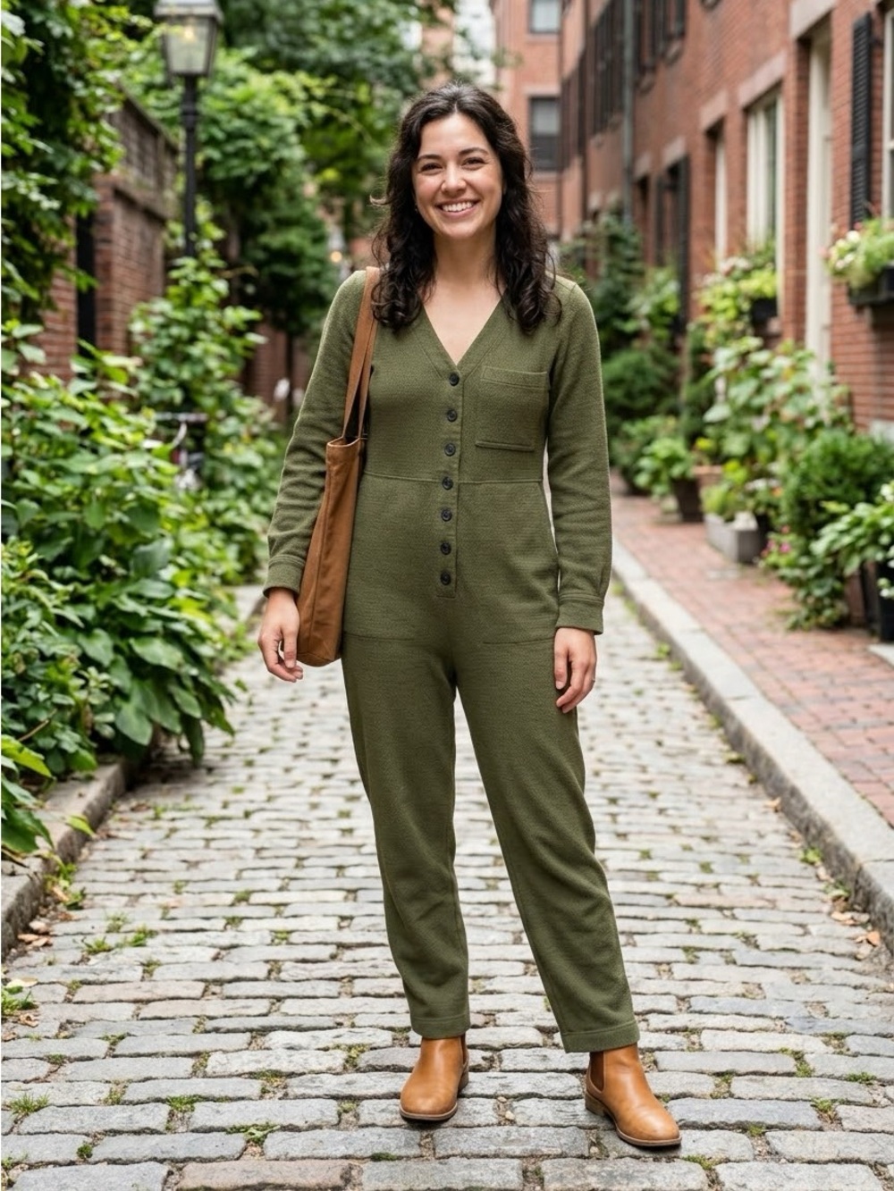 Madewell Olive Green Diamond Jacquard Button-Up Coverall Jumpsuit
